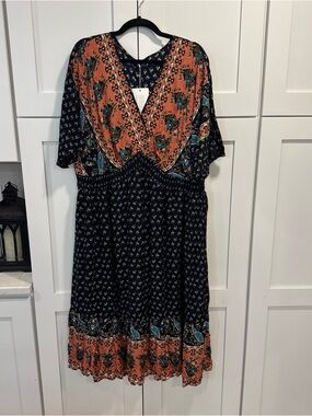 NWT BloomChic Boho Black Midi Dress with Rust and Teal Print plus Sz 22/24